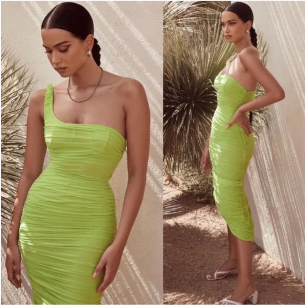 House Of CB 'Nia' Acid Green Ruched Midi Dress size XS NWOT